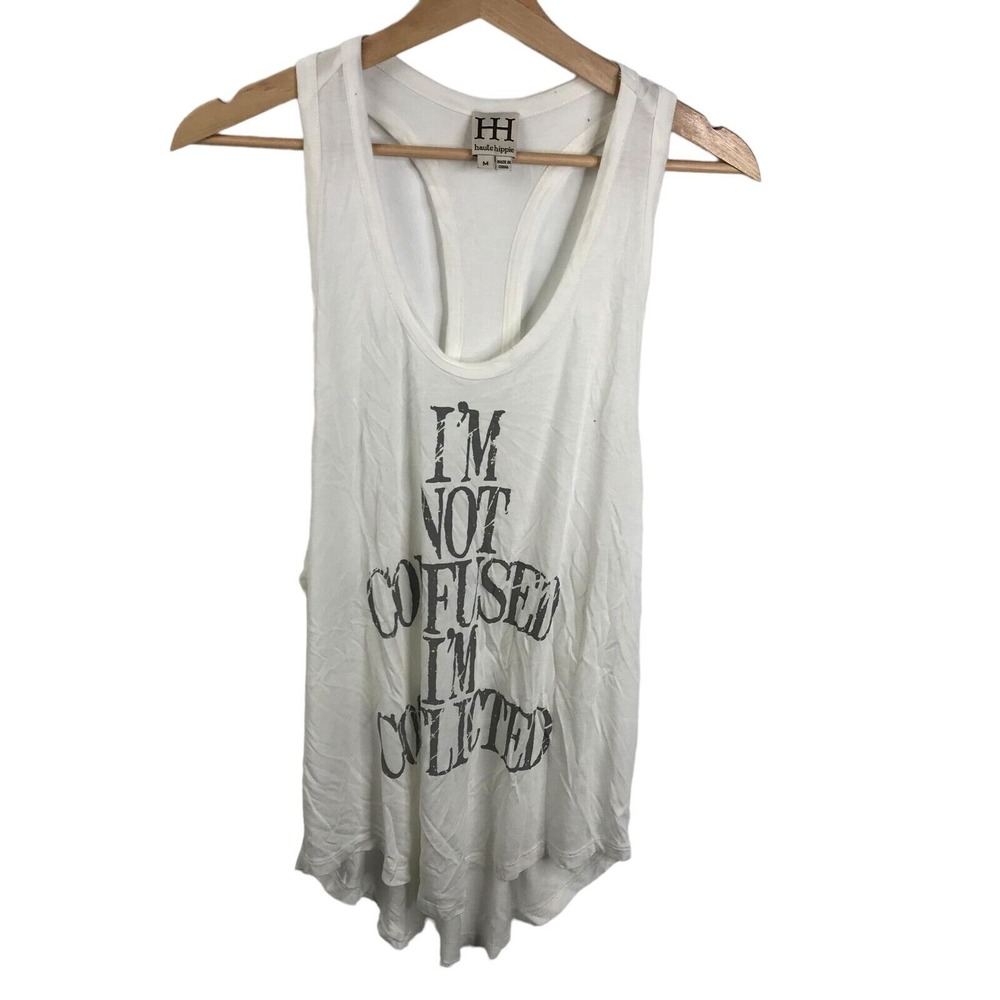 Haute Hippie Scoop Neck Tank in Charcoal White women's Sz M Modal Sleeveless Top